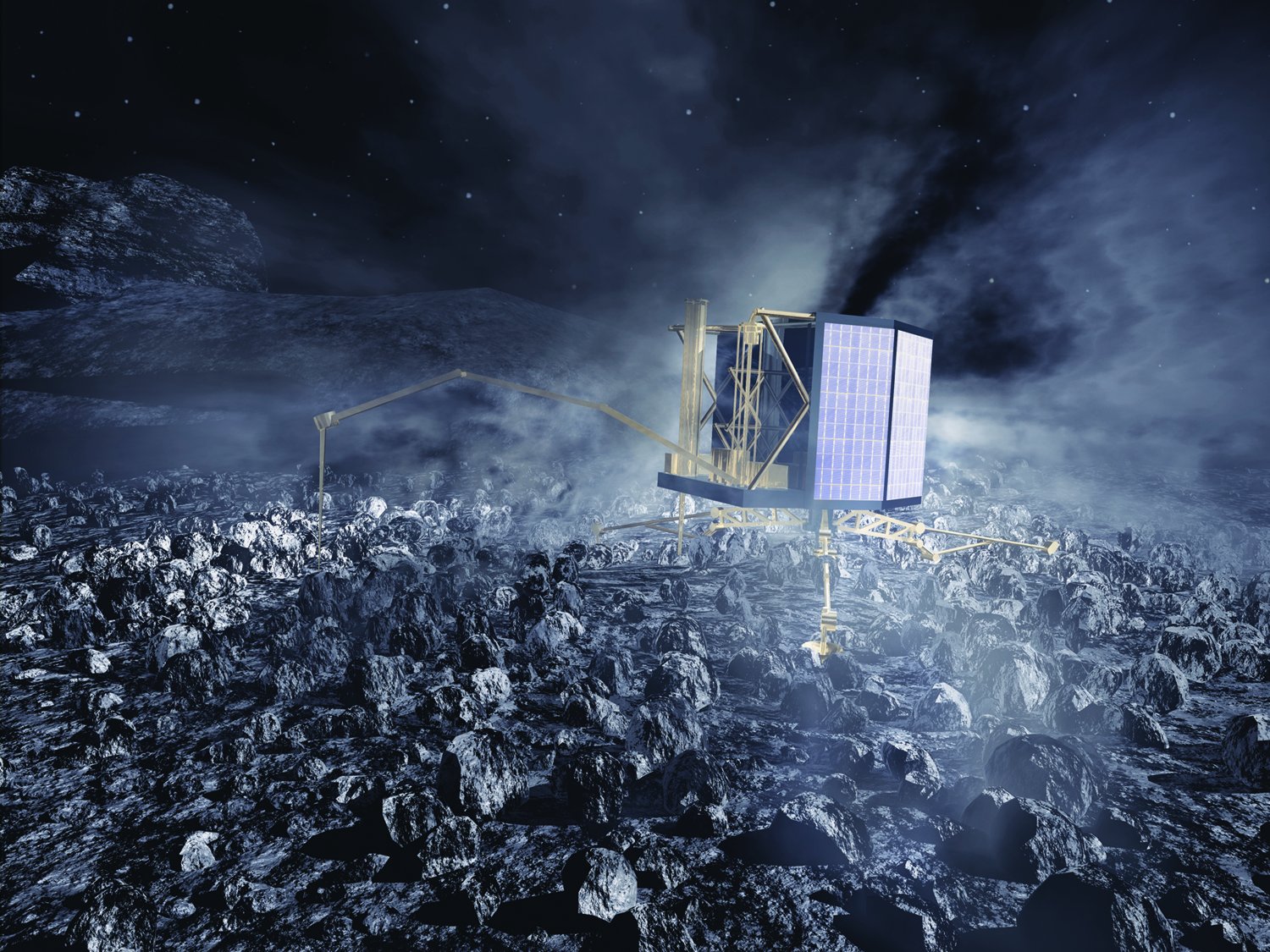 Die Landeeinheit Philae der Rosetta-Mission bei der Arbeit. Bild: MPE und FAULHABER