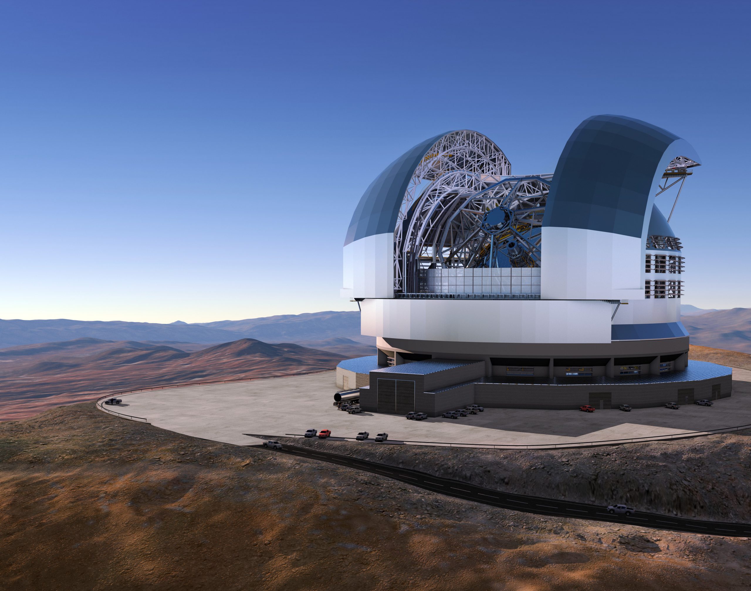 Das European Extremely Large Telescope (ELT) wird einen Hauptspiegel mit ca. 39 Metern Durchmesser haben, der aus ca. achthundert sechseckigen Spiegelelementen zusammengesetzt ist, und soll 2024 sein erstes Licht sehen. Bild: ESO
