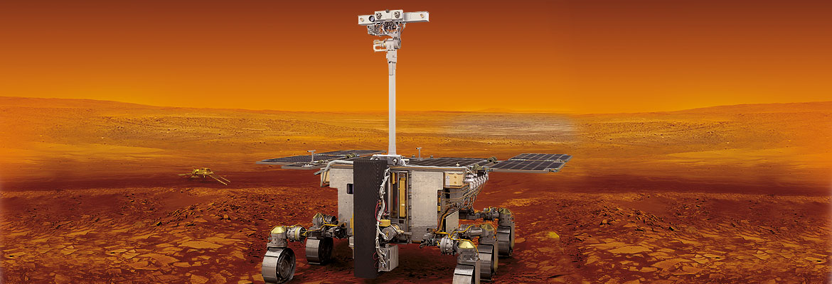Der ExoMars Rover soll nach der Landung nach biologischen Aktivitäten auf dem Mars suchen. Das Kamerasystem ist auf einem 2 m hohen Mast montiert. Bild: ESA/ATG medialab