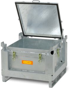 Für kleinere Mengen Alt-Akkus bietet ein erprobter und zugelassener Akku-Sammelbehälter Sicherheit. Bild: CEMO